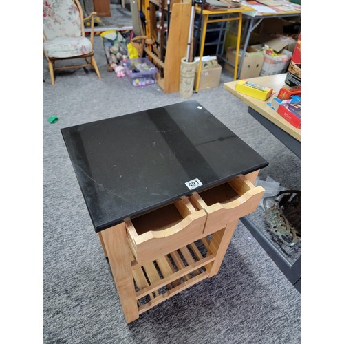 491 - Granite topped mobile chopping block on sturdy castors with 2 drawers an 3 shelves good clean condit... 