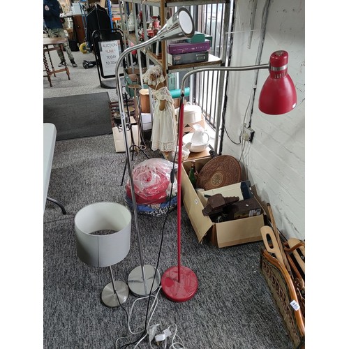 445 - 3x lights inc, a good lush red adjustable reading light along with a table lamp with grey shade tall... 