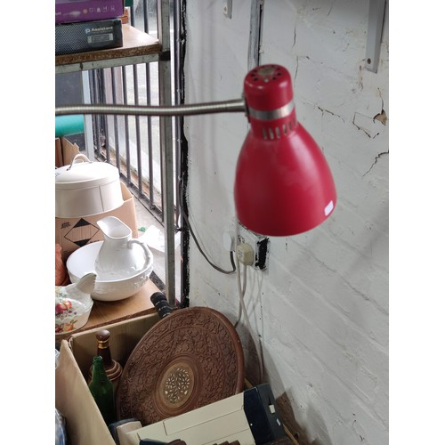 445 - 3x lights inc, a good lush red adjustable reading light along with a table lamp with grey shade tall... 