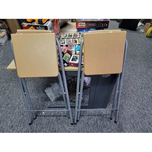 496 - 2 folding bar stools with silver coloured steel frames and solid timber seats both in good order