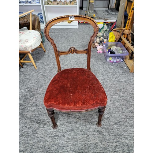 497 - Beautiful Antique mahogany balloon back boudoir chair with  velvet seat upholstery, clean condition