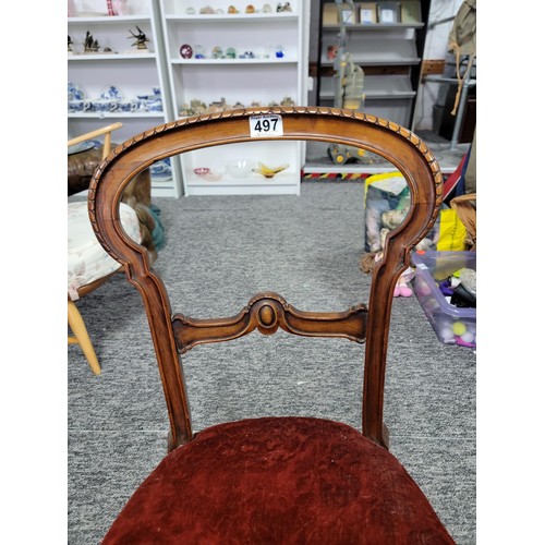 497 - Beautiful Antique mahogany balloon back boudoir chair with  velvet seat upholstery, clean condition