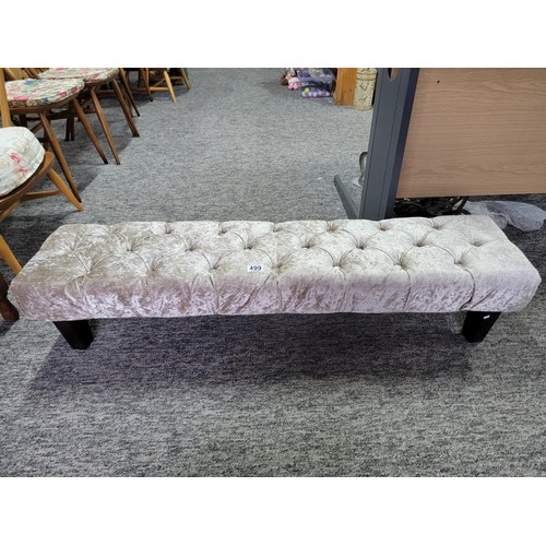 499 - Long upholstered footstool, in crushed velvet grey new item in super condition 28cm high and 123cm l... 