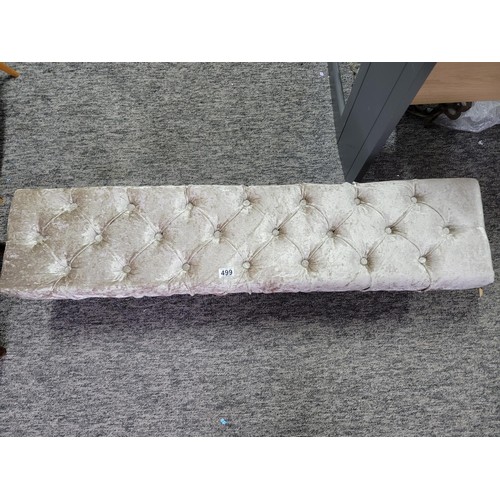 499 - Long upholstered footstool, in crushed velvet grey new item in super condition 28cm high and 123cm l... 