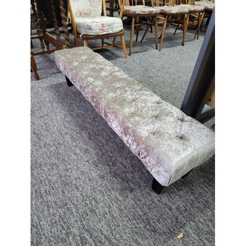 499 - Long upholstered footstool, in crushed velvet grey new item in super condition 28cm high and 123cm l... 