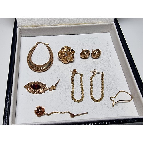 259 - A collection of 9ct yellow scrap to include 2 good matching pairs of earrings (1 pair requires butte... 