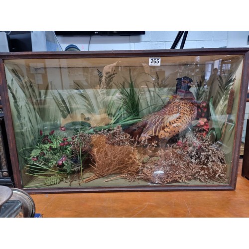 265 - A large impressive cased taxidermy specimen of a pheasant in a natural flora and fauna scene with  h... 