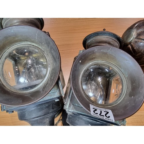 272 - A collection of 3x antique coach lamps, 2 have been converted to electricity with bulbs fitted, the ... 