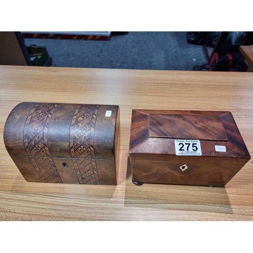 275 - 2x antique wooden tea caddy's to include a good quality plain mahogany tea caddy complete with its l... 