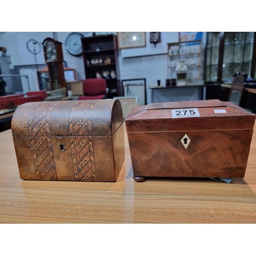 275 - 2x antique wooden tea caddy's to include a good quality plain mahogany tea caddy complete with its l... 