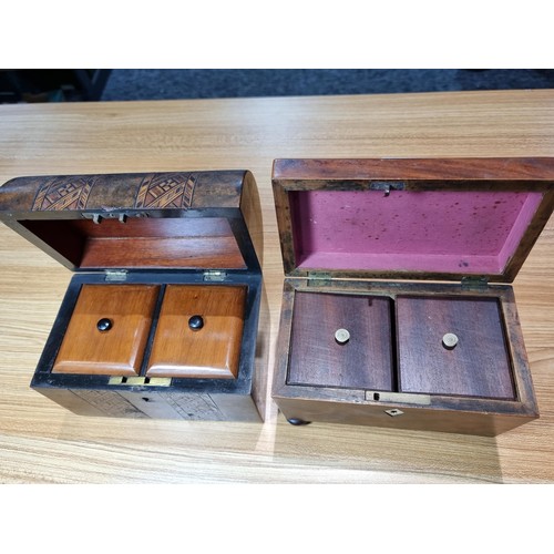 275 - 2x antique wooden tea caddy's to include a good quality plain mahogany tea caddy complete with its l... 