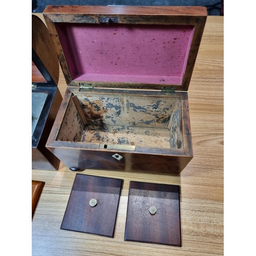 275 - 2x antique wooden tea caddy's to include a good quality plain mahogany tea caddy complete with its l... 