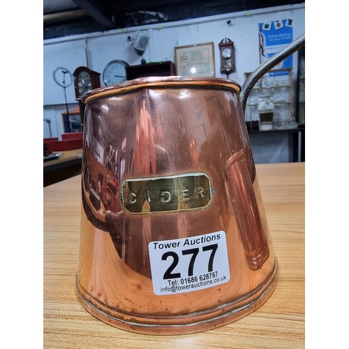 277 - 3 good antique copper graduated cider measures, largest pot has a height of 12cm, diameter 13cm.