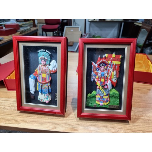 282 - 2x boxed wall hanging box framed hand painted and hand crafted Chinese figures Mu Gui Ying, Sun Shan... 