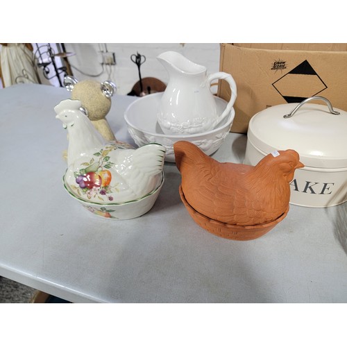 473 - Box containing a quantity of collectables inc 2x ceramic hen formed egg storage pots, large lidded m... 