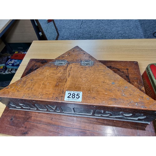 285 - A collection of wooden boxes and vintage tins to include a good antique triangular oak box carved EI... 