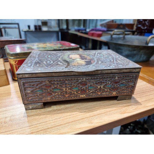 285 - A collection of wooden boxes and vintage tins to include a good antique triangular oak box carved EI... 