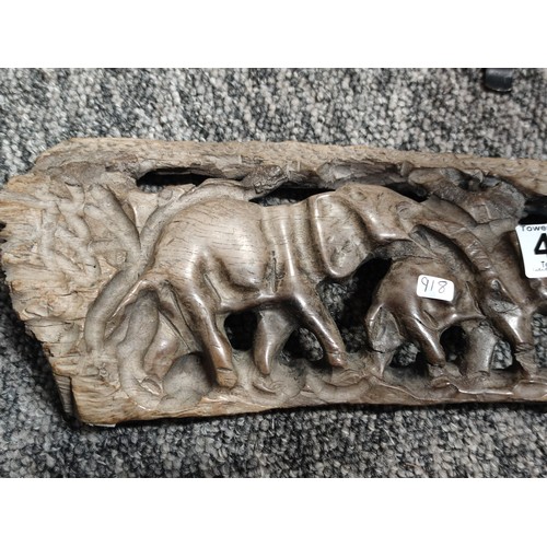 465 - Well made hand carved wooden elephant plaque along with a box of extra long matches in a Scouts stam... 