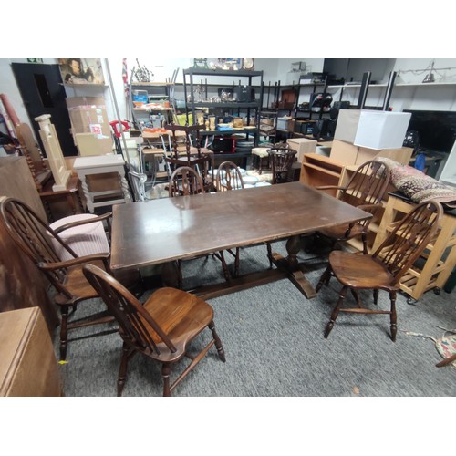 486 - Glenister refectory table 4x cathedral solid oak spindle back chairs with 2x carvers all with solid ... 