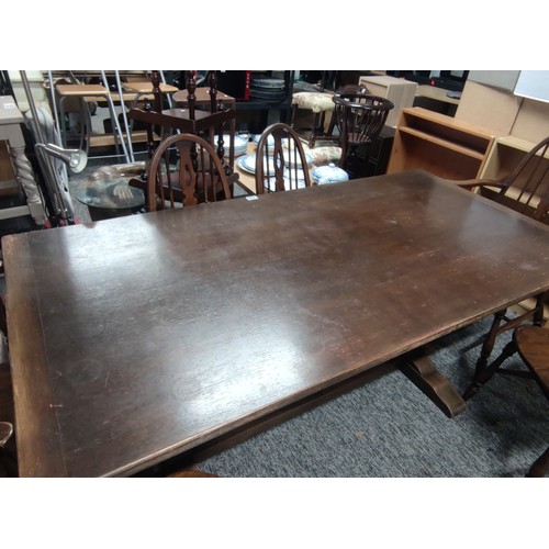 486 - Glenister refectory table 4x cathedral solid oak spindle back chairs with 2x carvers all with solid ... 