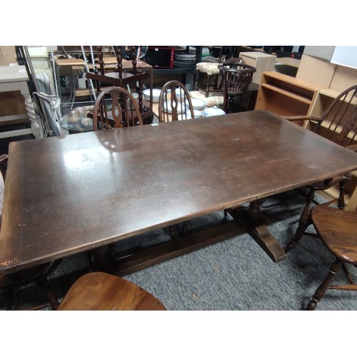 486 - Glenister refectory table 4x cathedral solid oak spindle back chairs with 2x carvers all with solid ... 