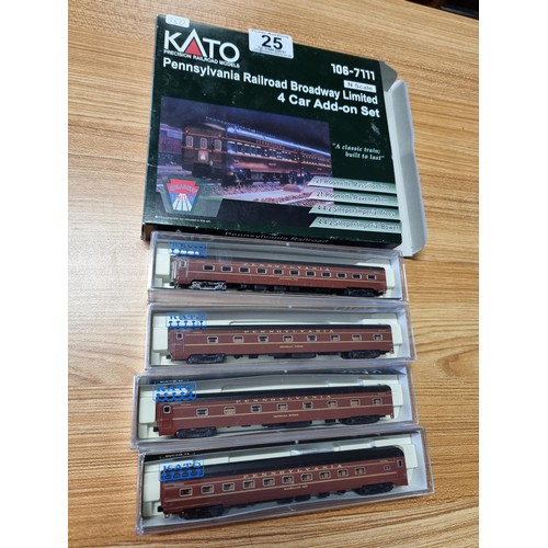 25 - A Kato 106-7111 N gauge Pennsylvania railroad Broadway limited 4 car add on set.