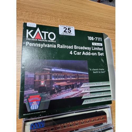 25 - A Kato 106-7111 N gauge Pennsylvania railroad Broadway limited 4 car add on set.