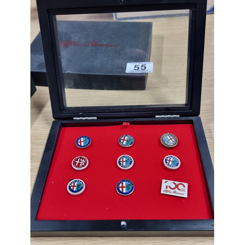 55 - A cased set of 9 Alpha Romeo enamelled pin badges, a very rare and expensive set to purchase when ne... 