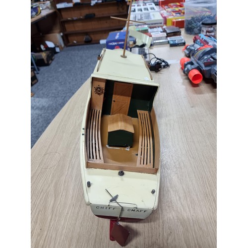 57 - A good vintage model boat named Chiff Chaff, measures 28.5