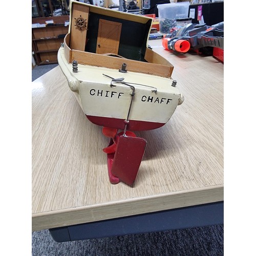 57 - A good vintage model boat named Chiff Chaff, measures 28.5