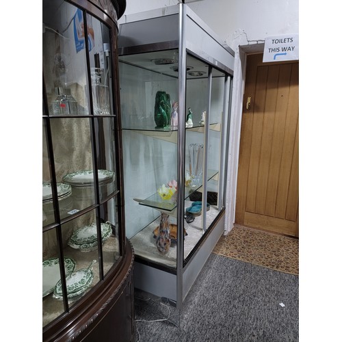 320 - Large 2 shelf glazed modern display cabinet, 2 glass shelves, chrome and wooden edges, lights inset ... 