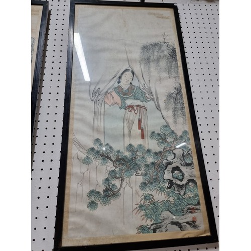 334 - Antique 19th century pair of tall framed and glazed Japanese original watercolours featuring 2 diffe... 