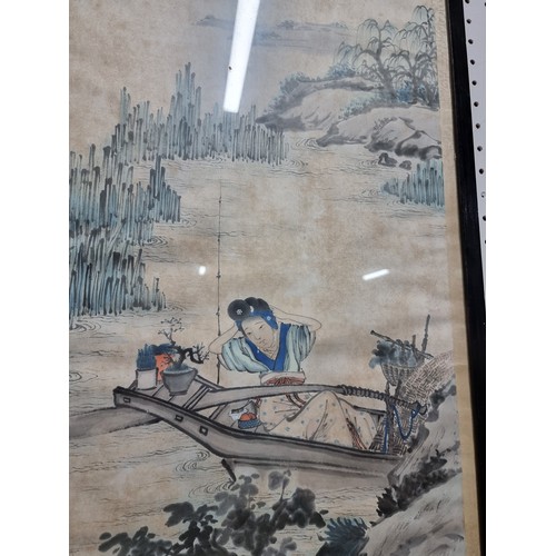 334 - Antique 19th century pair of tall framed and glazed Japanese original watercolours featuring 2 diffe... 