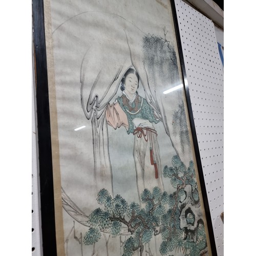 334 - Antique 19th century pair of tall framed and glazed Japanese original watercolours featuring 2 diffe... 