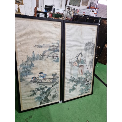 334 - Antique 19th century pair of tall framed and glazed Japanese original watercolours featuring 2 diffe... 