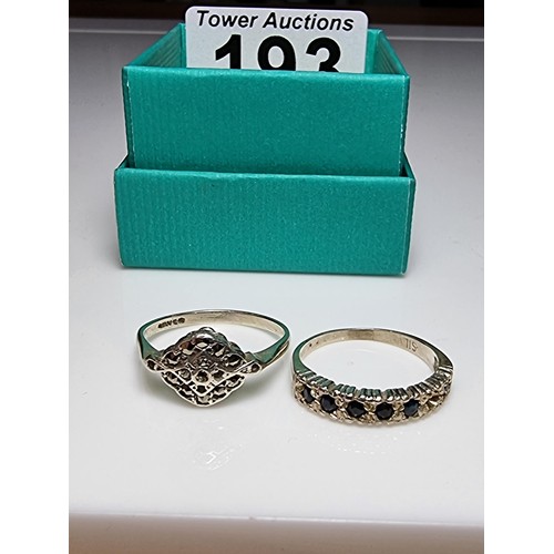 193 - Bundle 2x 925 silver rings, including a genuine sapphire stone ring (missing one stone), along with ... 