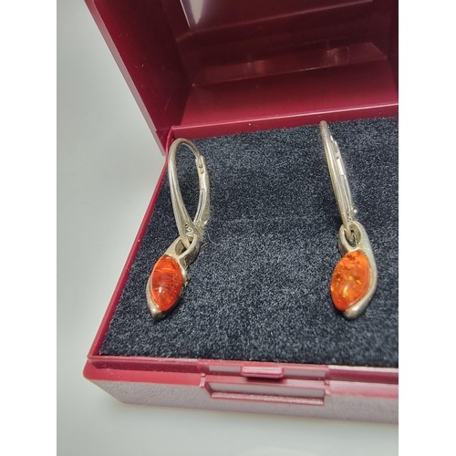 195 - Pair of 925 silver drop earrings inset with genuine amber stones. In clean condition, boxed.