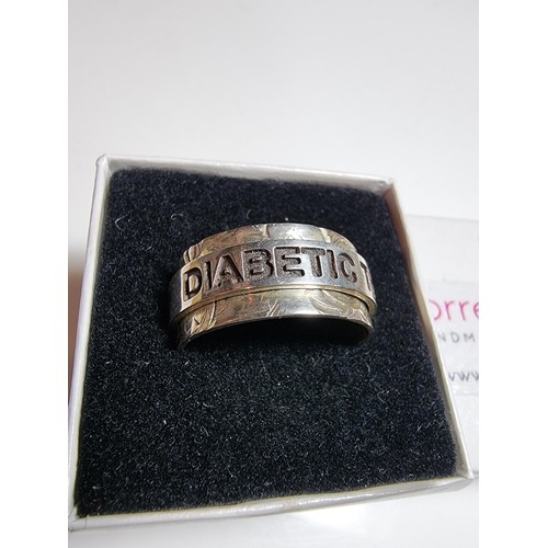 201 - Special handmade 925 silver medical ring for diabetes type 2, stamped on a rotating fidget band, 