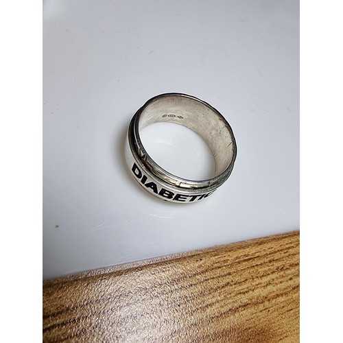 201 - Special handmade 925 silver medical ring for diabetes type 2, stamped on a rotating fidget band, 