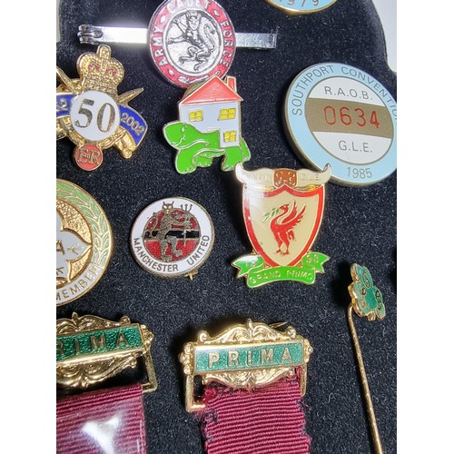 222 - Suite of collectable pin badges to include qty of Prima RAOB medals and badges, a Liverpool & Manche... 