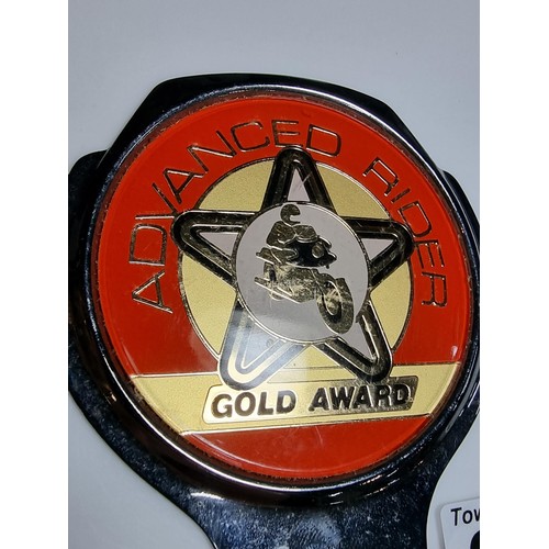 224 - Rare Advanced Rider Gold Award ROSPA Motorcycle badge. In good order. Height measures 11cm, 9cm widt... 