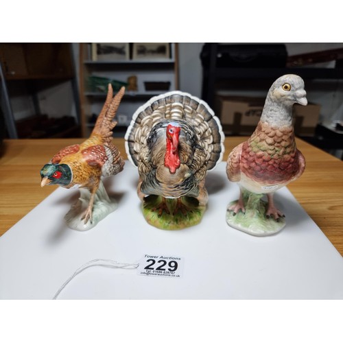 229 - Collection of 3x vintage hand painted porcelain figures of a Turkey, Pheasant & Carrier Pigeon (1978... 