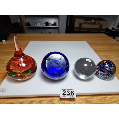 236 - Collection 4x decorative glass paperweights one featuring a flower design all in good order. Largest... 