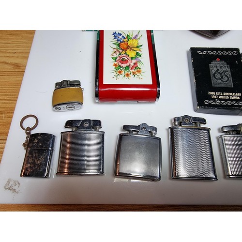 147 - Collection of 7x collectable lighters along with a boxed Zippo 65th Anniversary key ring, Dandy Mate... 