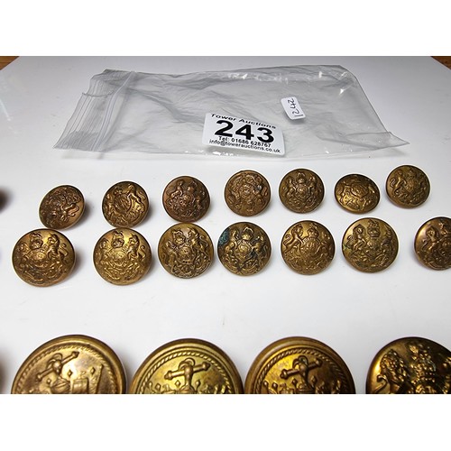 243 - Collection of approx. 33 vintage brass military buttons for various regiments. Please study photos f... 