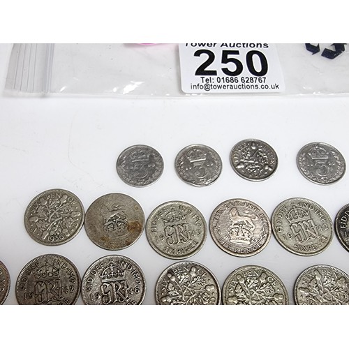 250 - Large collection of approx. 39x vintage silver British coins, all PRE-1947 to include large qty of s... 