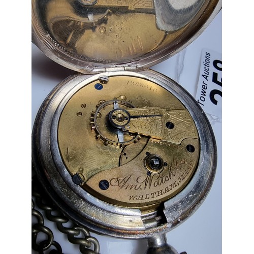 258 - Large chunky antique Waltham Mass hallmarked silver pocket watch. Hallmarked to Birmingham 1898. Mak... 