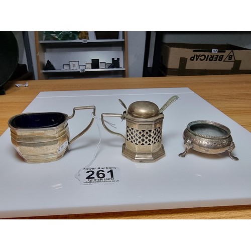 261 - Three piece hallmarked silver condiment sets to include salt pot, mustard pot & sauce pot. Two with ... 