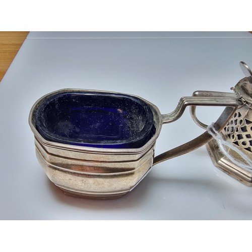 261 - Three piece hallmarked silver condiment sets to include salt pot, mustard pot & sauce pot. Two with ... 