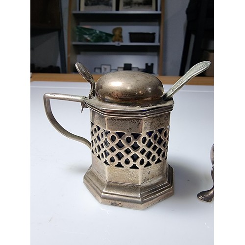 261 - Three piece hallmarked silver condiment sets to include salt pot, mustard pot & sauce pot. Two with ... 